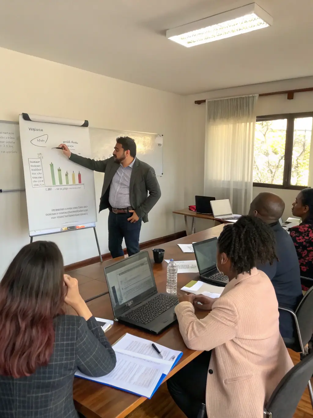 A coach facilitating a workshop, guiding participants through problem-solving exercises.