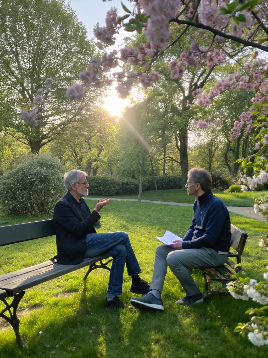 A serene image of a coach and client engaged in a one-on-one coaching session outdoors, representing personal coaching.