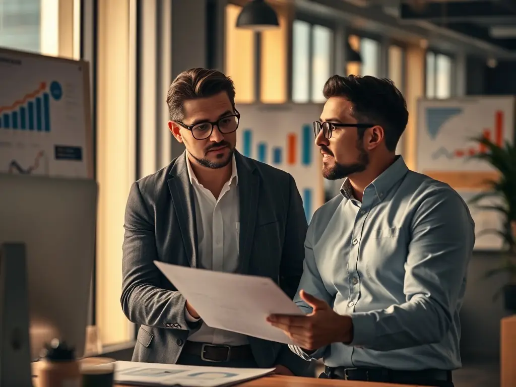 A professional Indian business coach in a modern office setting, working with a client on a strategic plan, with charts and graphs visible on a screen in the background, symbolizing business growth and success.
